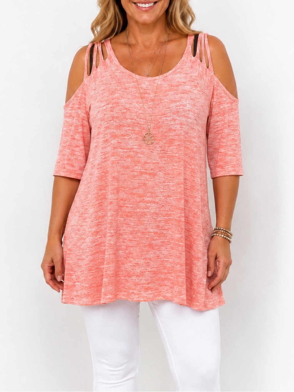 Umgee pink/coral heather cold-shoulder tunic, size small